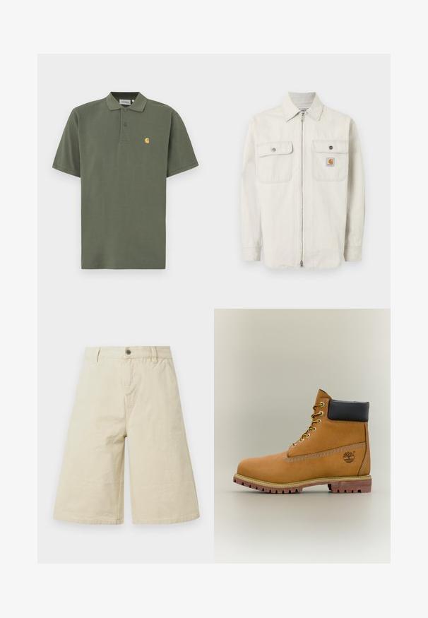 Veste beige clair à fermeture éclair avec des rayures verticales discrètes, deux poches poitrine à bouton, et un petit logo Carhartt sur la poche droite.; Polo vert olive en coton, avec un col à revers, deux boutons et un petit logo jaune sur le côté gauche de la poitrine. Manches courtes.; Shorts beige larges jusqu'au genou avec passants de ceinture, bouton à l'avant, fermeture éclair, et poches latérales.; Bottine en cuir marron avec col noir, lacets jaunes et semelle beige. Présente un logo et des détails de couture blanche. Semelle extérieure à traction robuste.