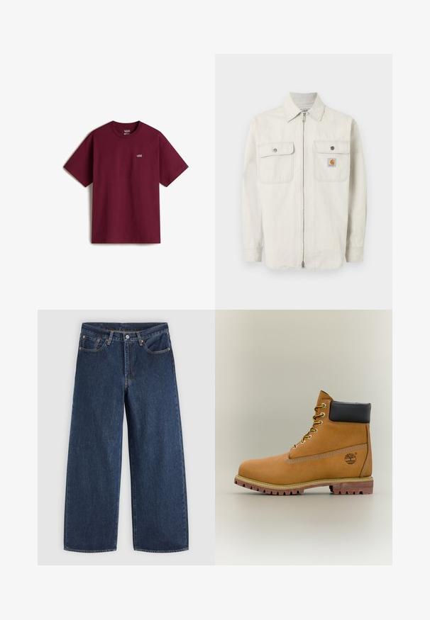 Chaqueta beige claro con cremallera, con sutiles rayas verticales, dos bolsillos en el pecho con botones y un pequeño logo de Carhartt en el bolsillo derecho.; Camiseta de algodón marrón con mangas cortas, escote redondo y pequeño logo blanco de Vans en el pecho izquierdo. Textura suave, corte holgado.; Vaqueros vaqueros azul oscuro de pierna ancha con bolsillos delanteros, cierre de botones y trabillas para cinturón, extendidos sobre un fondo claro.; Bota de tobillo de cuero marrón con cuello negro, cordones amarillos y suela beige. Presenta un logotipo y detalles de costura blanca. Suela exterior con tracción robusta.