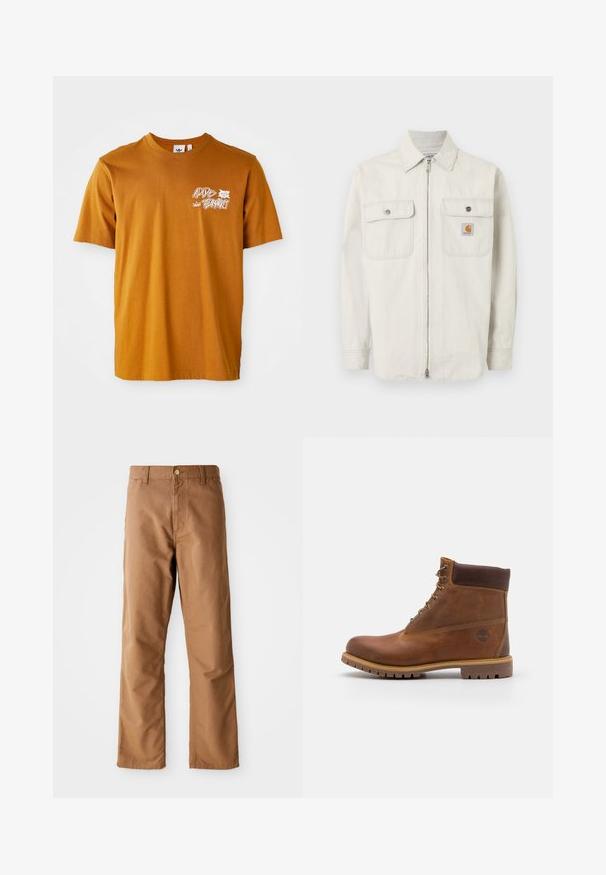 Svetlo béžová bunda na zips s jemnými vertikálnymi pruhmi, dvoma vreckami na hrudi so zapínaním na gombíky a malým logom Carhartt na pravom vrecku.; Hnedé bavlnené tričko s okrúhlym výstrihom a krátkymi rukávmi, s bielym grafickým textom a dizajnom listu na prednej strane.; Hnedé nohavice s rovnými nohavicami, s pútkami na opasok, prednými vreckami, zapínaním na gombík a zipsom na bielom pozadí.; Hnedé kožené turistické topánky s hladkým povrchom, polstrovaným členkom, kovovými okami a gumovou podrážkou s drsným vzorom.