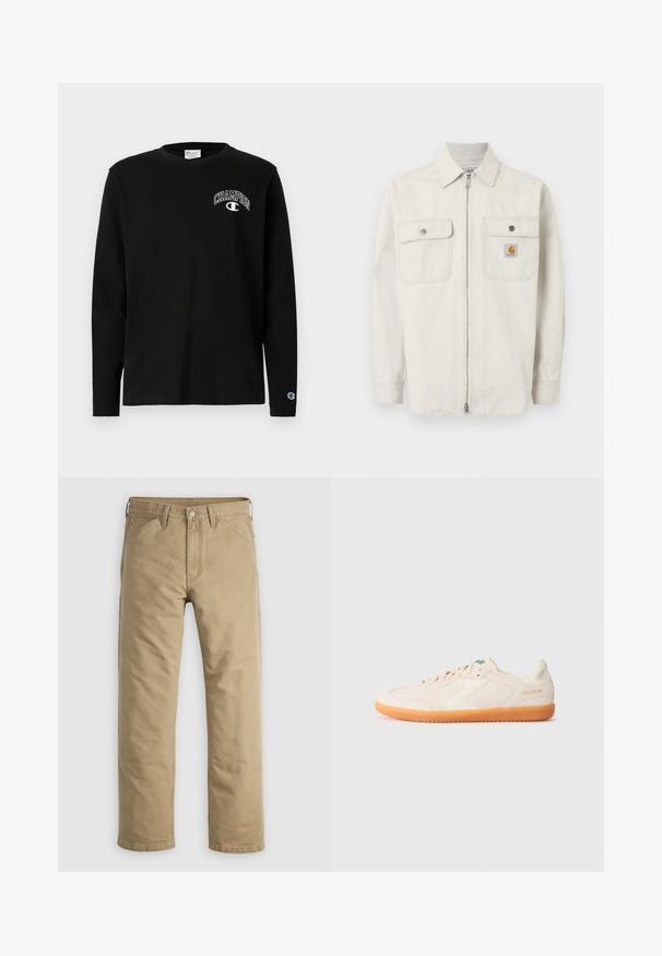 Lichtbeige jas met ritssluiting, subtiele verticale strepen, twee borstzakken met knopen en een klein Carhartt-logo op de rechterzak.; Zwarte lange mouwen T-shirt van katoen. Kenmerkt een wit "Champion" logo op de linker borst en een klein logo op de rechtermouw.; Kaki katoenen broek met een rechte pijp, voorzakken en een knoopsluiting. Glad textuur en verstevigde naden voor duurzaamheid.; Lichtbeige sportschoenen met een suède bovenwerk, witte accenten en een oranje rubberen zool. Beschikt over een vetersluiting en een logo op de zijkant.