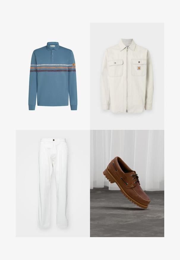 Svetlo béžová bunda na zips s jemnými vertikálnymi pruhmi, dvoma vreckami na hrudi so zapínaním na gombíky a malým logom Carhartt na pravom vrecku.; Modrá polokošeľa s dlhými rukávmi, tromi gombíkmi, bielymi, oranžovými a hnedými horizontálnymi prúžkami na hrudi a okrúhlym koženým štítkom na ľavom rukáve.; Biele bavlnené nohavice s uvoľneným strihom, s gombíkovým zapínaním, dvoma prednými záhybmi a bočnými vreckami. Hladká textúra, bez vzorov.; Hnedá kožená lodná obuv s čiernymi šnúrkami, béžovým prešívaním a robustnou podrážkou, zavesená nad sivou betónovou podlahou.