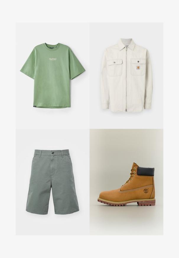 Veste beige clair à fermeture éclair avec des rayures verticales discrètes, deux poches poitrine à bouton, et un petit logo Carhartt sur la poche droite.; T-shirt vert à manches courtes en coton, avec un col rond et un petit logo blanc sur la poitrine. Texture lisse, coupe décontractée.; Shorts en coton vert clair avec fermeture boutonnée, passants de ceinture et poches latérales. Présente une coupe droite et une texture légère.; Bottine en cuir marron avec col noir, lacets jaunes et semelle beige. Présente un logo et des détails de couture blanche. Semelle extérieure à traction robuste.