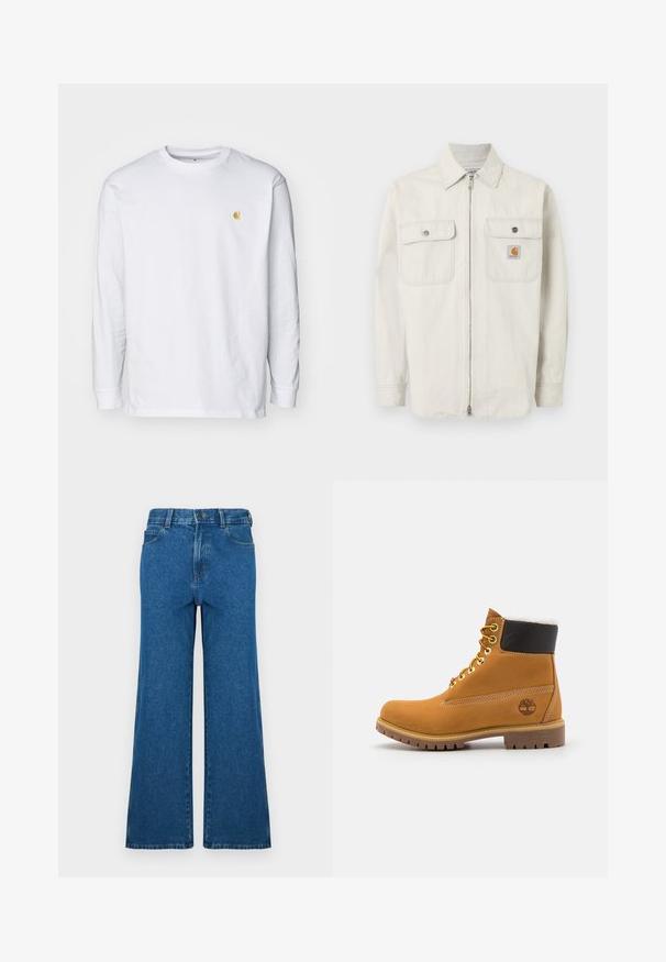 Chaqueta beige claro con cremallera, con sutiles rayas verticales, dos bolsillos en el pecho con botones y un pequeño logo de Carhartt en el bolsillo derecho.; Camiseta de manga larga blanca de algodón. Cuenta con un pequeño logo dorado en el pecho y un cuello redondo. Diseño simple y corte estándar.; Jeans de pierna ancha en denim azul. Presentan un diseño clásico de cinco bolsillos, cierre con botón y textura desgastada. Bajo recto con detalles sutiles de costura.; Botín de cuero marrón con ojales de metal, forro de piel sintética blanca, cuello acolchado negro, suela resistente y logotipo en relieve en el costado.