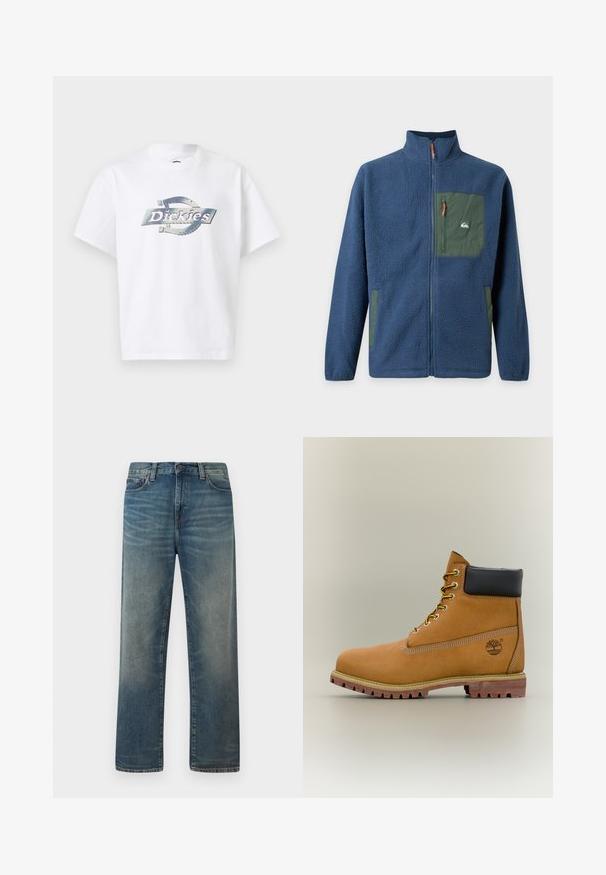 Veste en polaire bleue avec fermeture éclair complète à l'avant, col haut, poche poitrine zippée verte et poches latérales vertes.; T-shirt blanc à manches courtes avec un logo "Dickies" argent métallique centré sur la poitrine sur un fond uni.; Jean droit bleu avec lavage délavé, fermeture avant par bouton et fermeture éclair, et design classique à cinq poches.; Bottine en cuir marron avec col noir, lacets jaunes et semelle beige. Présente un logo et des détails de couture blanche. Semelle extérieure à traction robuste.