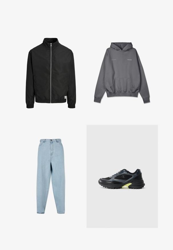 Schwarze Jacke mit Reißverschluss, hohem Kragen, elastischen Bündchen und Saum sowie einem kleinen weißen rechteckigen Etikett nahe dem unteren Saum auf der rechten Vorderseite.; Grauer Hoodie mit Kordelzug, Fronttasche, gerippten Bündchen und Saum. Mit dem Text "Duft des Sommers" und "PEGADOR" in kontrastierenden Farben.; Helle blaue, hoch taillierte Jeans mit lockerer Passform. Ausgestattet mit einem Frontknopf, Reißverschluss und fünf Taschen. Leicht verblasste Fabric-Textur.; Schwarzer und grauer Sportschuh mit Mesh-Einsätzen, strukturiertem Sohlenbereich und einem gelben Akzent an der Ferse. Verfügt über Schnürsenkel und ein Logo an der Seite.