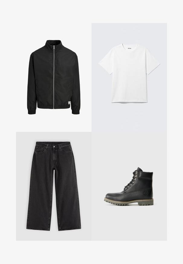 Schwarze Jacke mit Reißverschluss, hohem Kragen, elastischen Bündchen und Saum sowie einem kleinen weißen rechteckigen Etikett nahe dem unteren Saum auf der rechten Vorderseite.; Weißes T-Shirt mit kurzen Ärmeln und Rundhalsausschnitt, flach liegend, schlichtes Design, mit „WEEKDAY“-Etikett innen im Kragen auf hellem Hintergrund.; Schwarze Jeans mit weitem Bein, Vordertaschen, Gürtelschlaufen und Knopfverschluss, auf schlichtem hellem Hintergrund dargestellt.; Schwarze Leder-Stiefelette mit Schnürdesign, gepolstertem Kragen und strukturiertem Einsatz. Verfügt über eine robuste Sohle und ein geprägtes Logo an der Seite.