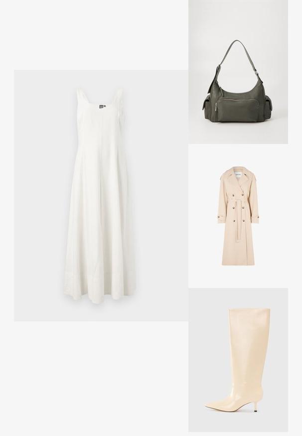 Abrigo trench beige con diseño de doble botonadura, gran cuello y cinturón de tela. Presenta botones en tono dorado y acentos en los puños. Textura suave.; Vestido maxi blanco sin mangas, hecho de una tela ligera, que presenta un corsé ajustado y una falda fluida, con un diseño minimalista y sin patrones visibles.; Bota de cuero beige hasta la rodilla con un acabado elegante y suave, punta afilada y un tacón bajo y delgado. Presenta un diseño minimalista sin acentos visibles.; Bolso de hombro de cuero verde con un diseño curvado, bolsillo con cremallera en la parte frontal y bolsillos adicionales en los laterales. Textura suave y hardware minimalista.