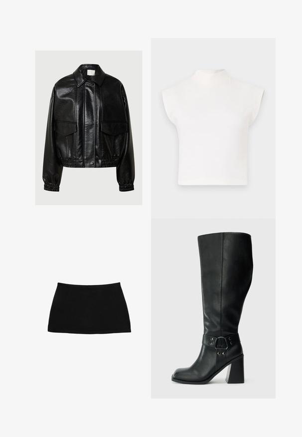 Veste en simili cuir noir avec col pointu, poches à rabat à l'avant, poignets élastiques et ourlet élastiqué sur un fond gris.; Haut court blanc avec un col montant haut et des manches larges et angulaires. Fabriqué en tissu lisse, sans motifs ni embellissements visibles.; Mini-jupe noire en coton avec une taille ajustée. Texture lisse, design simple et ourlet droit. Pas de motifs ou de pièces métalliques visibles.; Bottes en cuir noires arrivant au genou, avec un bout carré, un large talon et une sangle décorative avec des accents métalliques autour de la cheville. Texture lisse.