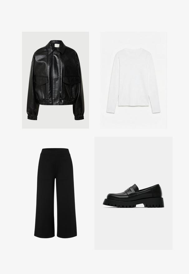 Veste en simili cuir noir avec col pointu, poches à rabat à l'avant, poignets élastiques et ourlet élastiqué sur un fond gris.; T-shirt blanc uni à manches longues et col rond, posé à plat sur une surface blanche, montrant l'avant et la longueur complète des manches.; Culottes larges noires en tissu doux et extensible. Dotées d'une taille haute et d'une texture lisse sans motifs ni éléments visibles.; Mocassin en cuir noir avec une semelle épaisse, présentant une finition lisse et des détails de couture subtils. La semelle comprend des rainures profondes pour une meilleure adhérence.