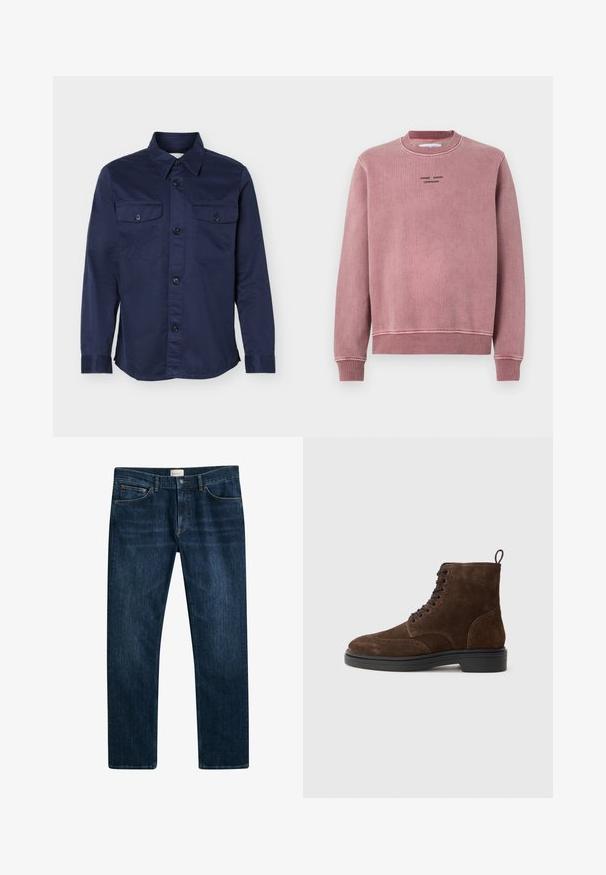Mørkeblå langærmet skjorte med knaplukning foran og to brystlommer med knaplukning, vist på hvid baggrund.; Rosenrød sweatshirt med struktureret stof, ribbede manchetter og halskant samt broderede logo-detaljer i sort på fronten.; Mørkeblå denim jeans med lige ben, knap- og lynlåslukning samt forlommer. Glat tekstur og minimal falmning.; Brune ruskinds ankelstøvler med en rund tå, sorte snørebånd, dekorative stikninger og en tekstureret gummisål. Løkke ved hælen for nem påtagning.
