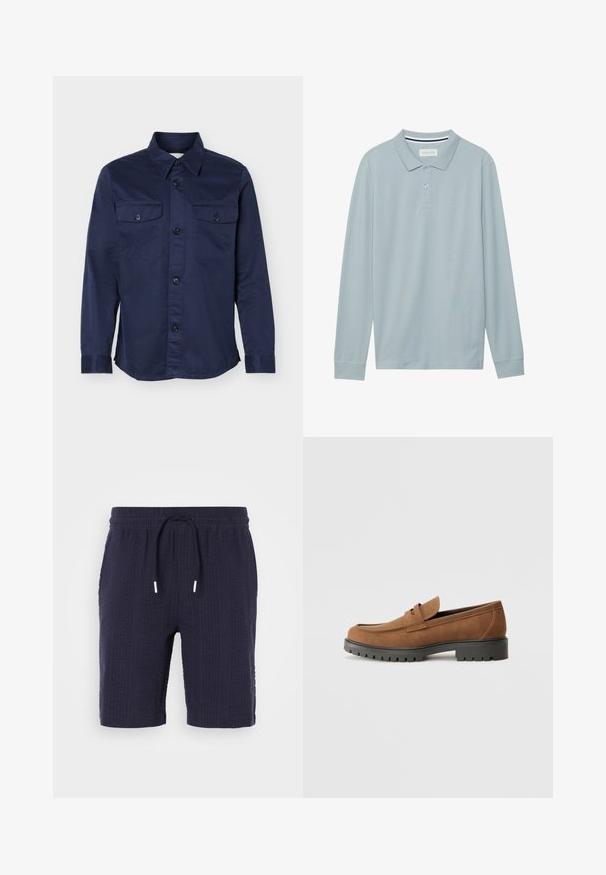 Chemise bleu marine à manches longues avec devant à boutons et deux poches poitrine boutonnées, présentée sur fond blanc.; Polo à manches longues en bleu clair avec un col plat, une patte de boutonnage à trois boutons et un tissu texturé subtil. Présente un col intérieur rayé.; Shorts navy avec un motif texturé, taille élastique et cordon de serrage. Présente une coupe décontractée et une longueur au-dessus du genou.; Mocassins en daim marron avec un bout arrondi et une semelle noire en caoutchouc basse, présentant une sangle décorative et des détails de couture sur le dessus.