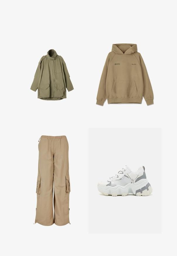 Olivengrøn langærmet jakke med høj krave, forreste lynlås og flere klaplommer på brystet og nederste front.; Beige hættebluse i fleece materiale, med en frontlomme, ribbede mansjetter og broderede logoer på brystet.; Beige cargo bukser med elastisk talje, to sidelommer og mesh-detaljer; fremstillet af letvægts, tekstureret stof.; Hvide sneakers med struktureret mesh og syntetiske overlejringer, der har en tyk, bølget sål i lysegrå og hvid, samt snørebåndssystem på toppen.