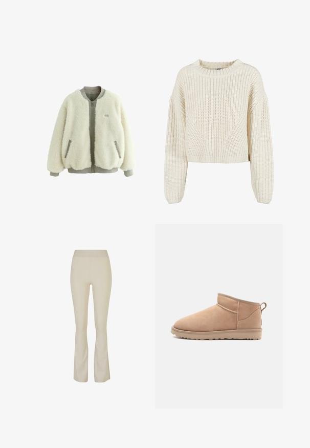 Cremefarbene Fleece-Bomberjacke mit grauem Rippkragen, Rippbündchen und Saum, Reißverschluss vorne, Seitentaschen und "Self." auf der Brust gestickt.; Dicker Strickpullover in Creme mit Rundhalsausschnitt, weiten Ärmeln, gerippten Bündchen und einem strukturierten Muster. Verkürzter Schnitt.; Beige Schlaghosen aus dehnbarem Stoff, mit hohem Bund und dezenten Seitenschlitzen am Saum für zusätzliche Details.; Beige Wildleder-Ankle-Boot mit abgerundetem Zehenbereich, weicher Textur, schlichtem Design und einer flachen Gummisohle. Mit einer Zuglasche auf der Rückseite.