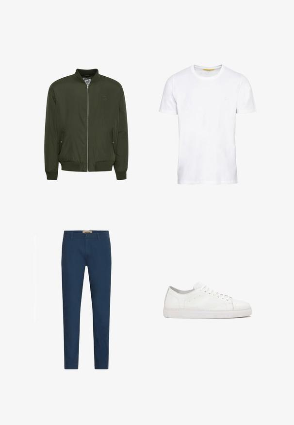Olivgrüne Bomberjacke mit Stehkragen, durchgehendem Reißverschluss, zwei seitlichen Taschen, gerippten Bündchen und Saum, glatter Stoffstruktur, minimalistisches Design.; Weißes T-Shirt mit kurzen Ärmeln aus Baumwolle, mit Rundhalsausschnitt, geradem Schnitt und einem kleinen Logo-Detail auf der Vorderseite.; Marineblaue Slim-Fit-Hosen für Herren mit Gürtelschlaufen, Frontknopfverschluss und Seitentaschen, vor einem weißen Hintergrund präsentiert.; Weiße Ledersneakers mit einer glatten Textur, runder Zehenpartie, Schnürdesign und dezenten Steppnähten auf einer flachen Gummisohle.