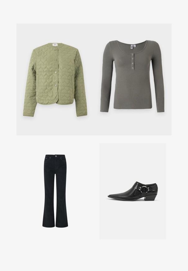 Hellgrüne gesteppte Jacke mit herzförmiger Steppung, rundem Ausschnitt, langen Ärmeln, Front mit Druckknöpfen und zwei seitlichen Taschen.; Olivgrünes, geripptes Langarmshirt mit Rundhalsausschnitt und vier silbernen Druckknöpfen auf der vorderen Blende.; Schwarze Corduroy-Bootcut-Hosen mit Knopf- und Reißverschluss, ausgestattet mit zwei vorderen Taschen und einer glatten Textur. Gerade Beinoptik.; Schwarze Leder-Ankle-Boots mit spitzem Zeh, ausgestattet mit einem vorderen Leder-Riemen und einem silbernen Schnallendetail sowie einem niedrigen Blockabsatz.