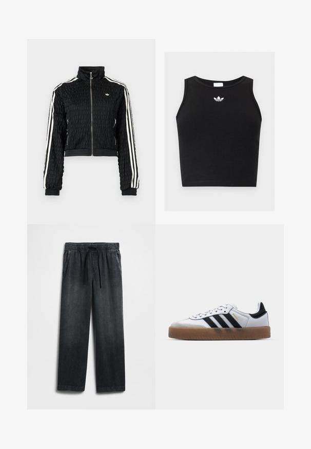 Sort tekstureret løbejakke med lynlås og høj krave, hvide tredobbelt striber på ærmerne og lille hvid Adidas-logo på brystet.; Sort ribbet ærmeløs crop top med rund halsudskæring og lille hvid Adidas trefoil-logo centreret nær kraven.; Sorte denimbukser med elastisk talje og snøre, vid pasform og diskret falmet look. To sidelommer inkluderet.; Hvide lædersneakers med sorte striber, gummirubber sål, rund tå, snørelukning og blød grå ruskinds tåhætte.