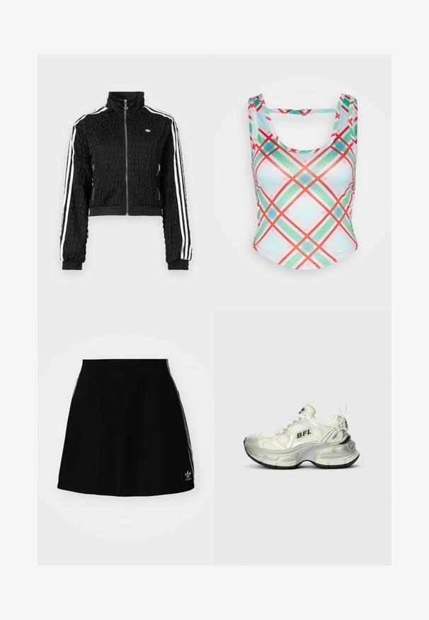 Čierna textúrovaná tréningová bunda so zipsom a vysokým golierom, biele trojité pruhy na rukávoch a malé biele logo Adidas na hrudi.; Neon & Nylon AUDREY CUTOUT BUCKLE - Top - aruba blue multi; Čierna športová sukňa s rozšíreným strihom, s bielymi bočnými pruhmi a vyšitým logom na spodnom leme. Vyrobená z hladkého, elastického materiálu.; Masyvná atletická teniska s priehľadným strieborným zvrškom, čiernymi akcentmi, textúrovanou podrážkou a výrazným logom na boku.
