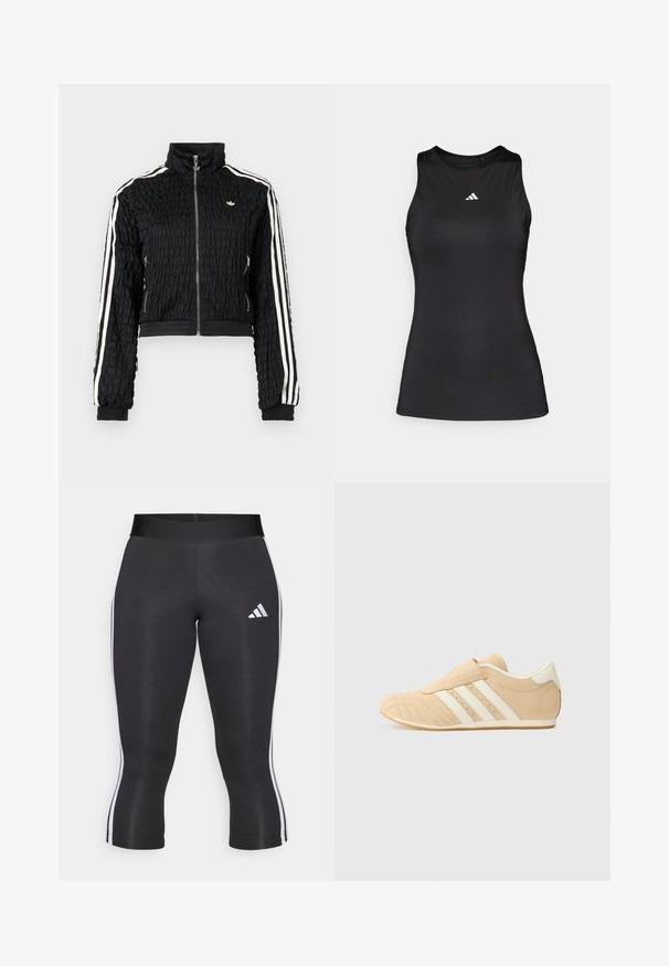 Musta teksturoitu vetoketjullinen urheilutakki, korkealla kauluksella, valkoiset kolmoisraidat hihoissa ja pieni valkoinen Adidas-logo rinnassa.; Musta hihaton urheilu toppi, joka on valmistettu sileästä kankaasta. Ominaisuuksiin kuuluu pyöreä pääntie ja pieni valkoinen Adidas-logo rinnassa.; Mustat capri leggings leveällä vyötärönauhoilla, joissa on valkoiset sivuviivat ja valkoinen Adidas-logo vasemmassa reidessä. Sileä pinta.; Valkoiset ja kerma/beiget urheilukengät, joissa on sileä nahkapäällinen, kolme valkoista raita sivulla ja pyöreä kärki. Teksturoitu päällinen, jossa on rei'ityksiä.
