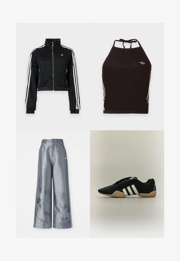 Must tekstureeritud lukuga track jakk kõrge kraega, valge kolmekordse triibuga varrukatel ja väike valge Adidas logo rinnal.; Mustast võrgust kaelusega top tekstuurse mustriga. Esiküljel on roosad aksendtriibud ja väike logo. Seljal lipsuga kinnis.; Laiad püksid läikivast hallist materjalist, valgete külgtriipudega ja põlevate mustritega alumistes jalgades. Nööp ja lukku kinnitamine vööl.; Must spordijalats valgete triipude ja beežika tekstuuriga tallaga neutraalsel taustal, nähtud külgprofiilis.