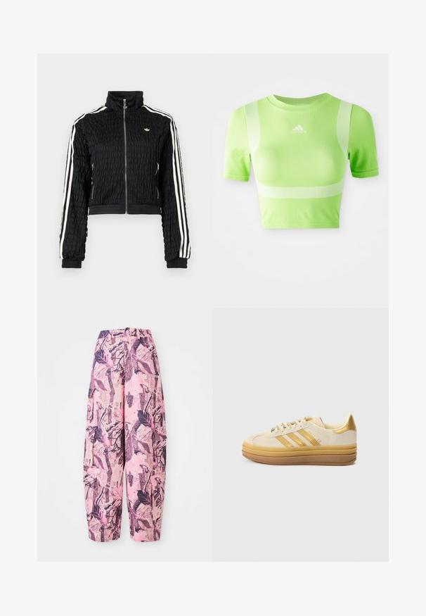 Musta teksturoitu vetoketjullinen urheilutakki, korkealla kauluksella, valkoiset kolmoisraidat hihoissa ja pieni valkoinen Adidas-logo rinnassa.; Urheilullinen lyhythihainen paita kirkkaan vihreästä kankaasta. Ominaisuudet: lyhyet hihat, pyöreä kaula-aukko ja valkoinen vinoraitakuviotus harteilla. adidas-logo edessä.; Vaaleanpunaiset ja violetti kuviolliset leveälahkeiset housut, joissa on lehdet ja oksat -kuvio, korkea vyötärö ja sivutaskut lisäämään käytännöllisyyttä.; Beigen sävyinen mokkanahkainen tennari, jossa on kolme kultaisenväristä raitaa, hieman korotettu välipohja ja ruskea kumipohja. Kenkässä on nauhakiinnitys ja hillitty brändäys.