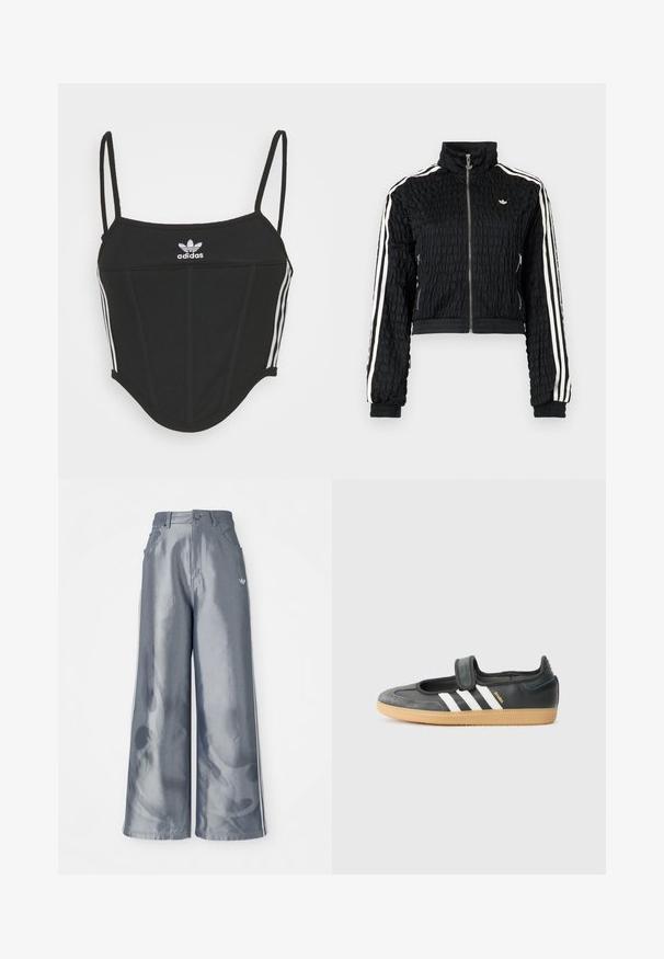 Must tekstureeritud lukuga track jakk kõrge kraega, valge kolmekordse triibuga varrukatel ja väike valge Adidas logo rinnal.; Must mustriba top mustaks, reguleeritavate õhukeste kinnitustega, millel on külgedel kolm valget triipu ja keskel väike valge Adidas'i logo.; Laiad püksid läikivast hallist materjalist, valgete külgtriipudega ja põlevate mustritega alumistes jalgades. Nööp ja lukku kinnitamine vööl.; Mustmust ja sametist sneaker, millel on Velcro rihm, kolm valget triipu ja kummi tallad, küljel on silt "SAMBA".