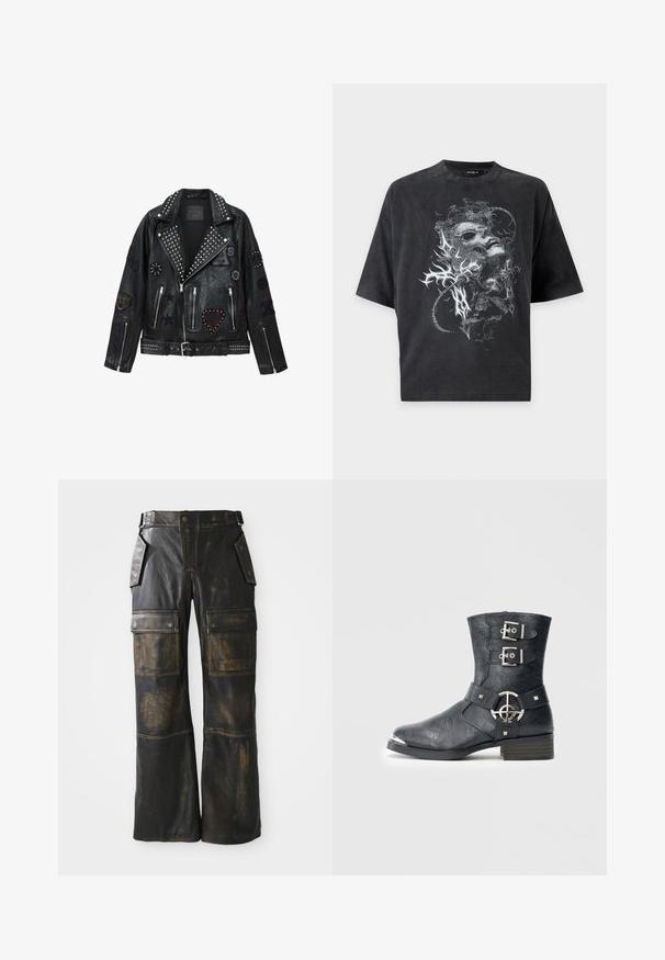 Zwarte leren motorjas met zilveren studs, ritssluitingen en diverse patches, waaronder een hart, sterren en dierenmotieven.; Zwart oversized T-shirt met korte mouwen met een grijze abstracte afbeelding van een vervormd gezicht en organische vormen aan de voorkant.; Zwarte leren cargobroeken met een versleten textuur, voorzien van grote zijzakken, een hoge taille en contrasterende stiksels over de naden.; Zwarte leren enkellaars met een afgeronde neus, twee gespsluitingen, zilverkleurige hardware-accenten en een lage gestapelde hak. Gestructureerde afwerking.