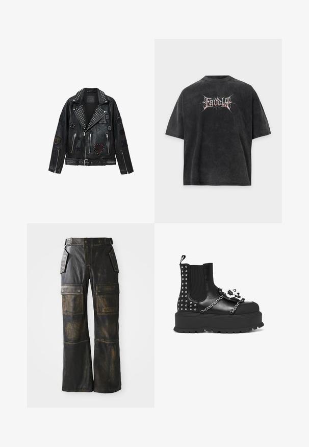 Zwarte leren motorjas met zilveren studs, ritssluitingen en diverse patches, waaronder een hart, sterren en dierenmotieven.; Zwart oversized T-shirt met vervaagde textuur en gestileerde witte en rode tekst "Fadella" gecentreerd aan de voorkant.; Zwarte leren cargobroeken met een versleten textuur, voorzien van grote zijzakken, een hoge taille en contrasterende stiksels over de naden.; Zwarte platformlaars met zilveren studs, kettingdetails en een witte schedeldecoratie op het voorpaneel.