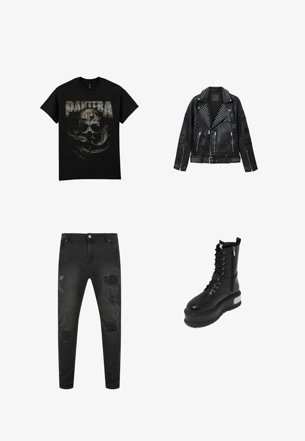 Zwarte leren motorjas met zilveren studs, ritssluitingen en diverse patches, waaronder een hart, sterren en dierenmotieven.; Zwart katoenen T-shirt met een verweerd grafisch ontwerp van een schedel en een slang, met het woord "PANTERA" in grote, versleten letters.; Zwarte denim jeans met een slim fit, met verouderde details, scheuren en vervaagde delen. Standaard vijf-pocket ontwerp met metalen knoopsluiting.; Zwarte faux leren gevechtslaars met een chunky platform, voorzien van een vetersluiting, ritssluiting en een metallic accent op de hak.