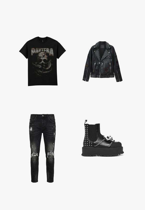 Chaqueta de cuero negro estilo motorista con tachuelas plateadas, cremalleras y varios parches que incluyen un corazón, estrellas y motivos de animales.; Camiseta negra de algodón con un gráfico desgastado de un cráneo y una serpiente, con la palabra "PANTERA" en letras grandes y envejecidas.; Vaqueros ajustados negros desgastados con rodillas rotas, salpicaduras de pintura blanca y desgaste en los muslos y bolsillos.; Botín negro de plataforma con tachuelas plateadas, detalles de cadena y una decoración de calavera blanca en el panel frontal.
