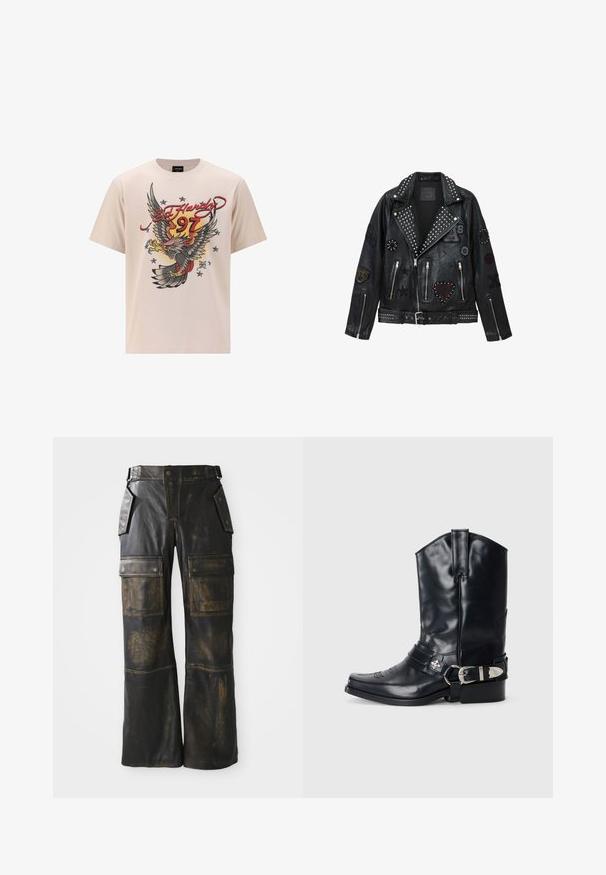 Sort læder bikerjakke med sølvnitter, lynlåse og forskellige patches, herunder et hjerte, stjerner og dyremotiver.; Beige bomulds t-shirt med et stort ørnergrafik med røde og gule accenter, "Ed Hardy" tekst og stjerner i et struktureret printdesign.; Sorte læder cargo bukser med en slidt tekstur, der har store sidelommer, høj talje og kontrasterende syninger langs sømmene.; Sort læder cowboystøvle med spidse tæer, høj skaft, dekorativ stitching og sølv spændehardware på remmen. Tekstureret overflade.