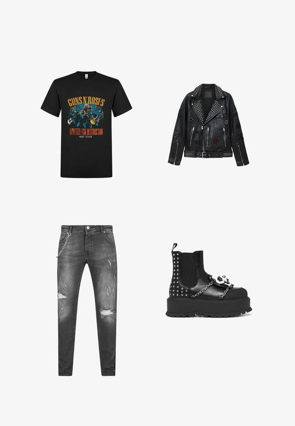 Chaqueta de cuero negro estilo motorista con tachuelas plateadas, cremalleras y varios parches que incluyen un corazón, estrellas y motivos de animales.; Camiseta de algodón negra con un gráfico colorido de los miembros de la banda y el texto "Guns N' Roses Appetite for Destruction 1987 Tour".; Jeans de mezclilla negra con detalles desgastados, incluyendo parches rasgados, herrajes plateados y un acento de cadena en el bucle del cinturón.; Botín negro de plataforma con tachuelas plateadas, detalles de cadena y una decoración de calavera blanca en el panel frontal.