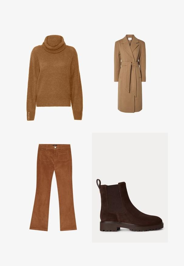 Brun, bælteholdt uldfrakke med spids krave, lange ærmer og lodrette sømme, der har et knælangt design og sidelommer.; Brun turtleneck trøje med en blød, struktureret overflade og lange ærmer. Har perle-lignende detaljer på manchetterne.; Brune fløjlsbukser med udvidet ben, der har en ribbet tekstur, knaplukning foran og to baglommer.; Mørkebrun ruskind Chelsea-støvle med elastiske sidepaneler, chunky sål med groft mønster og trækflig bagpå.