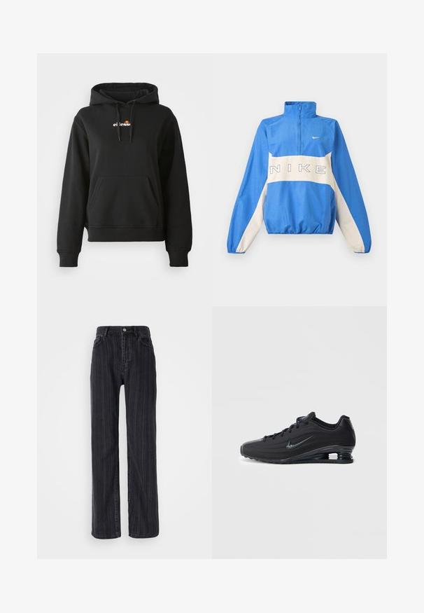 Blauw-witte Nike pulloverjas met halve rits, elastische boorden en zoom, met Nike-logo tekst op de borst en kleine Swoosh aan de linkerkant.; Zwarte hoodie met een voorzak, capuchon met trekkoord en een klein kleurrijk logo op de borst. Gemaakt van gladde, zachte stof met geribbelde manchetten.; Hoge taille zwarte denim jeans met een verticale streepjespatroon, rechte pasvorm en een metalen knoopsluiting aan de voorkant.; Zwarte Nike sneakers met een gestructureerd bovenwerk, voorzien van een gestroomlijnd ontwerp, vetersluiting en een zichtbare luchtzool in de hiel. Minimalistische merkaccenten.
