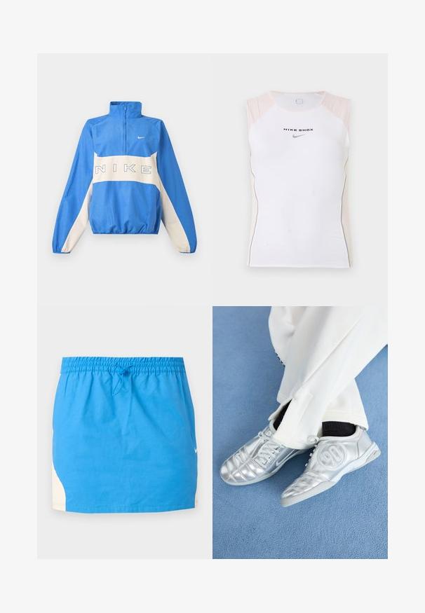Μπλε και λευκό πουλόβερ Nike με ημιδιάφανο φερμουάρ, ελαστικά μανσέτες και τελείωμα, με το λογότυπο της Nike γραμμένο στο στήθος και μικρό σήμα Swoosh στην αριστερή πλευρά.; Λευκό αμάνικο αθλητικό τοπ με μπεζ πινελιές στους ώμους, το κείμενο «NIKE SHOX» και το μαύρο λογότυπο Nike Swoosh στο στήθος.; Μπλε αθλητική φούστα με ελαστική μέση και κορδόνι, με λευκές πλευρικές λεπτομέρειες και μικρό λευκό λογότυπο Nike στη δεξιά πλευρά.; Ασημένια αθλητικά παπούτσια με λεία, γυαλιστερή επιφάνεια, με ραμμένο σχέδιο και τον αριθμό 90 στο πλάι, συνδυασμένα με λευκό παντελόνι.