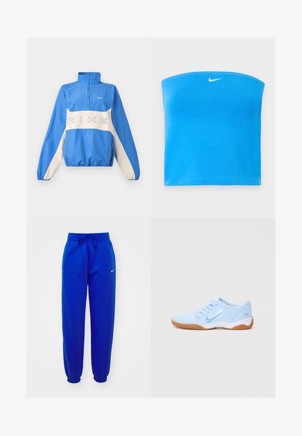 Μπλε και λευκό πουλόβερ Nike με ημιδιάφανο φερμουάρ, ελαστικά μανσέτες και τελείωμα, με το λογότυπο της Nike γραμμένο στο στήθος και μικρό σήμα Swoosh στην αριστερή πλευρά.; Φωτεινό μπλε strapless tube top της Nike με λευκό λογότυπο Swoosh στο κέντρο κοντά στο πάνω άκρο.; Μπλε φλις παντελόνι φόρμας με ελαστική μέση και ρυθμιζόμενο κορδόνι. Διαθέτει στενές μανσέτες και μικρό λευκό λογότυπο Nike στο πλάι.; Ανοιχτό μπλε αθλητικό παπούτσι με λείο συνθετικό επάνω μέρος, με υφή στα διακοσμητικά στοιχεία και σόλα από καουτσούκ. Διαθέτει λογότυπο στο πλάι.