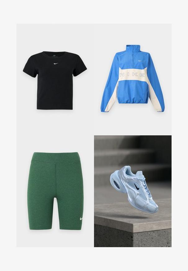 Blå og hvid Nike pullover jakke med halv lynlås, elastiske manchetter og kant, med Nike logo tekst tværs over brystet og en lille swoosh på venstre side.; Sort ribbet t-shirt med korte ærmer, der har et lille hvidt Nike-logo på brystet og en rund halsudskæring.; Grønne atletikshorts lavet af stretchstof. Højtaljet design med flade syninger og en hvid Nike-logo på nederste venstre ben.; Lyseblå sportssko med meshpaneler, rundet silhuet, teksturerede detaljer og sort logo. Har synlig luftpolstring i sålen.