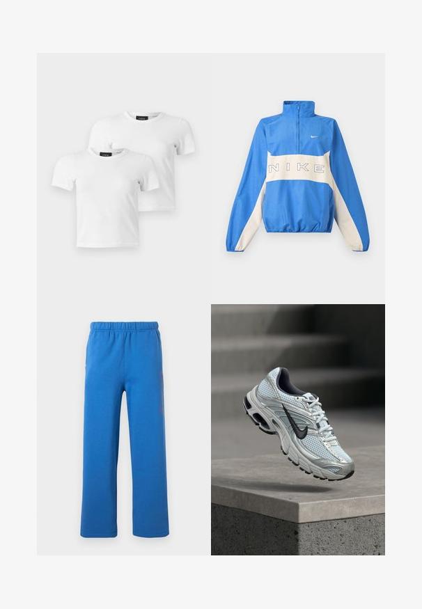 Blau-weiße Nike Pulloverjacke mit Halb-Reißverschluss, elastischen Bündchen und Saum sowie Nike-Logo-Schriftzug über der Brust und kleinem Swoosh auf der linken Seite.; Zwei schlichte weiße T-Shirts mit kurzen Ärmeln und Rundhalsausschnitt mit JJXX Markenetiketten auf einem hellgrauen Hintergrund.; Blaue Jogginghose mit elastischem Bund und geraden Beinen, versehen mit einem dezenten vertikalen Logo am rechten Oberschenkel.; Weißer und grauer Nike-Laufschuh mit schwarzem Logo, der über einem Betonsims vor verschwommenem grauem Hintergrund schwebt.