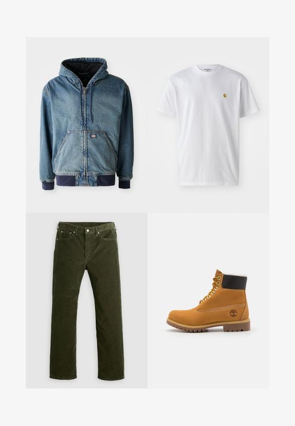 Jeansjack met een capuchon, voorzien van een ritssluiting aan de voorkant, twee grote voorzakken en geribbelde manchetten. Lichtblauwe kleur met donkerblauwe accenten.; Witte katoenen t-shirt met korte mouwen en ronde hals, voorzien van een klein gouden logo op de linkerkant van de borst. Zachte textuur en een normale pasvorm.; Olijfgroene corduroy rechte pijpen broek met voorknop, ritssluiting, riemlussen en vijf-vakken ontwerp op een witte achtergrond.; Bruine leren enkellaars met metalen oogjes, witte faux bont voering, zwarte gewatteerde kraag, robuuste zool en een reliëflogo aan de zijkant.