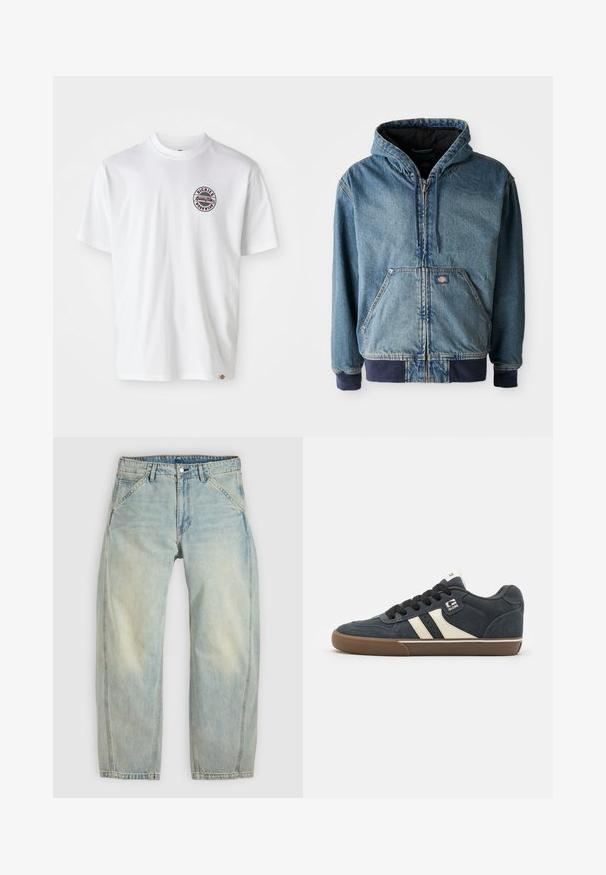 Jeansjacke mit Kapuze, mit einem Reißverschluss vorne, zwei großen Fronttaschen und gerippten Bündchen. Hellblaue Farbe mit dunklen marineblauen Akzenten.; Weißes Baumwoll-T-Shirt mit rundem Logo auf der Brust. Rundhalsausschnitt, kurze Ärmel, lässige Passform, mit roten und schwarzen Akzenten.; Hellblaue Jeans mit weitem Bein aus Denim. Sie verfügen über fünf Taschen, einen Knopfverschluss und ausgewaschene Bereiche für einen getragenen Look.; Dunkelblaue Wildledersneaker mit cremefarbenen Streifen, schwarzen Schnürsenkeln und einer braunen Gummisohle. Verfügt über einen gepolsterten Kragen und ein Logo an der Seite.