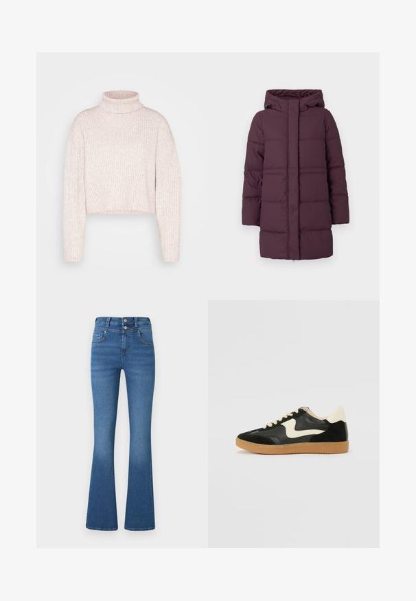 Lilla pufferjakke med hætte, der har quiltede sektioner, en mellemlang længde og en frontlynlås. Glat, mat tekstur hele vejen igennem.; Lys rosa ribbet turtleneck sweater, cropped længde, med lange ærmer og en blød tekstur. Minimalistisk design uden synligt hardware.; Blå brede jeans lavet af denim, med høj talje, to forlommer, lys falming og dobbelttrykknaplukning.; Sorte ruskinds- og lædersneakers med en cremefarvet side-swoosh og lys cremefarvet hæl. Har beige snørebånd og en gummirubber-sål.