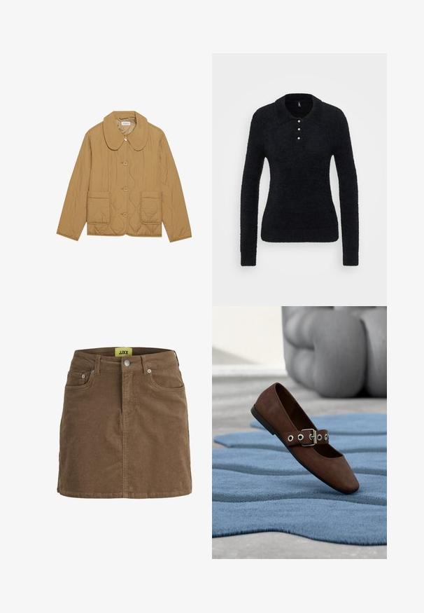 Beige gesteppte Jacke mit rundem Kragen, drei Knöpfen und zwei großen Vordertaschen; glatte Textur und Rautensteppung.; ONLY Tall ONLPETRA POLO BLING - Strickpullover - black; Brauner Cord-Minirock mit vorderer Knopfleiste und Reißverschluss, Gürtelschlaufen und vorderen Taschen, mit gelbem JJXX-Label im inneren Taillenbund.; Brauner Wildlederflacher Schuh mit Schnallenriemen auf einem strukturierten blauen Teppich, im Hintergrund graue, getuftete Möbel.