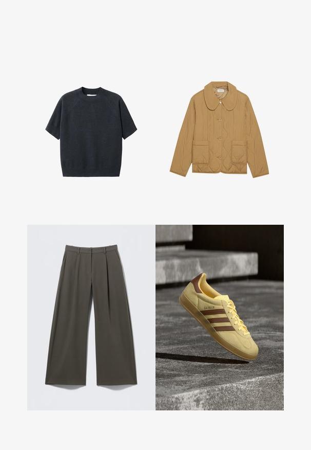 Quiltet beige jakke med en rund krave, tre knapper og to store forlommer; glat tekstur og diamantmønster i syninger.; Mørkegrå kortærmet striktrøje med rund hals, fremhævet af en løs pasform og raglanærmer, lavet af et blødt, tekstureret stof.; Bukser med brede ben i mørke olivengrønne med bæltestropper, forreste læg, sidelommer og lukning med lynlås.; Gul Adidas Gazelle sneaker med brune striber og hældetalje, der svæver over en grå betongulv med trin i baggrunden.