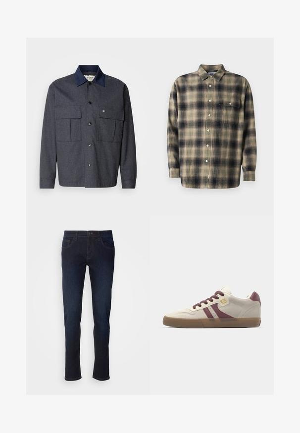 Scotch & Soda TRIMMED OVERSHIRT - Jas - grey melange; Geruit overhemd met knopen in beige en marineblauw, met lange mouwen, een kraag, een enkele borstzak en witte knopen, gemaakt van een zachte stof.; Donkerblauwe denim jeans met een rechte pijp, voorzien van voorzakken, een ritssluiting en subtiele stikdetails.; Beige skate schoenen met bordeauxrode accenten en een bruine rubberen zool, voorzien van ronde veters en het "Globe" logo aan de zijkant.