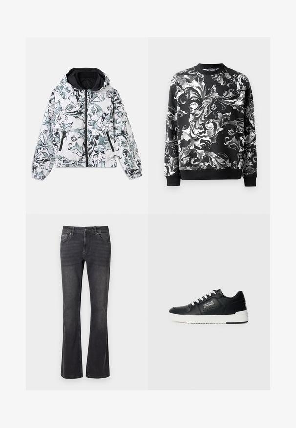 Chaqueta blanca con capucha y patrón floral barroco en negro y gris, con cremallera frontal, bolsillos laterales con cremallera, y puños y dobladillo elásticos.; Sudadera negra con intrincados patrones florales blancos, escote redondeado y puños acanalados. Tejido suave con un corte relajado.; Jeans de mezclilla negra con diseño acampanado, cinco bolsillos y cierre de botón metálico. La tela tiene una textura suave con un ligero desgaste.; Zapatillas de cuero negras con suela blanca, que presentan un logo en el lateral, punta redondeada y un diseño perforado para transpirabilidad. Cintas blancas.