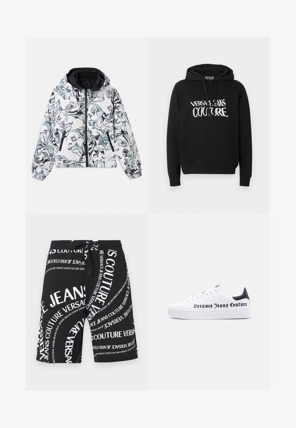 Veste blanche à capuche avec un motif floral baroque noir et gris, fermeture éclair à l'avant, poches latérales zippées, et poignets et ourlet élastiques.; Sweat à capuche noir à manches longues avec texte blanc "Versace Jeans Couture" sur la poitrine, doté de cordons de serrage sur la capuche.; Shorts noirs à cordon avec texte blanc "Versace Jeans Couture" dispersé en différentes tailles et orientations.; Baskets basses blanches avec insert noir au talon, design à lacets, et logo "Versace Jeans Couture" imprimé en noir sur le côté.