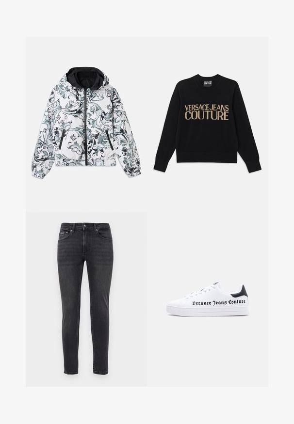 Witte hooded jas met zwart en grijs bloemen barokpatroon, ritssluiting aan de voorkant, ritssluitingen aan de zijkanten en elastische manchetten en zoom.; Zwarte gebreide trui met een ronde halslijn, geribbelde mouwen en zoom, met gouden geborduurde tekst die "VERSACE JEANS COUTURE" leest.; Slim-fit zwarte denim jeans met vijf zakken en een knoop- en ritssluiting, tentoongesteld tegen een effen witte achtergrond.; Witte lage sneaker met zwart hielstuk, vetersluiting en het logo "Versace Jeans Couture" in zwart op de zijkant gedrukt.