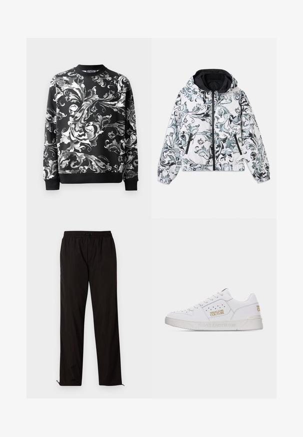 Veste blanche à capuche avec un motif floral baroque noir et gris, fermeture éclair à l'avant, poches latérales zippées, et poignets et ourlet élastiques.; Sweatshirt noir avec des motifs floraux blancs élaborés, col rond et manches côtelées. Tissu lisse avec une coupe décontractée.; Pantalons légers noirs avec une taille élastique, fermeture à cordon, et bas zippés pour un ajustement réglable. Texture lisse et élégante.; Baskets blanches basses avec détails perforés, lacets à l'avant et logos dorés "Versace Jeans Couture" sur le côté et le talon.