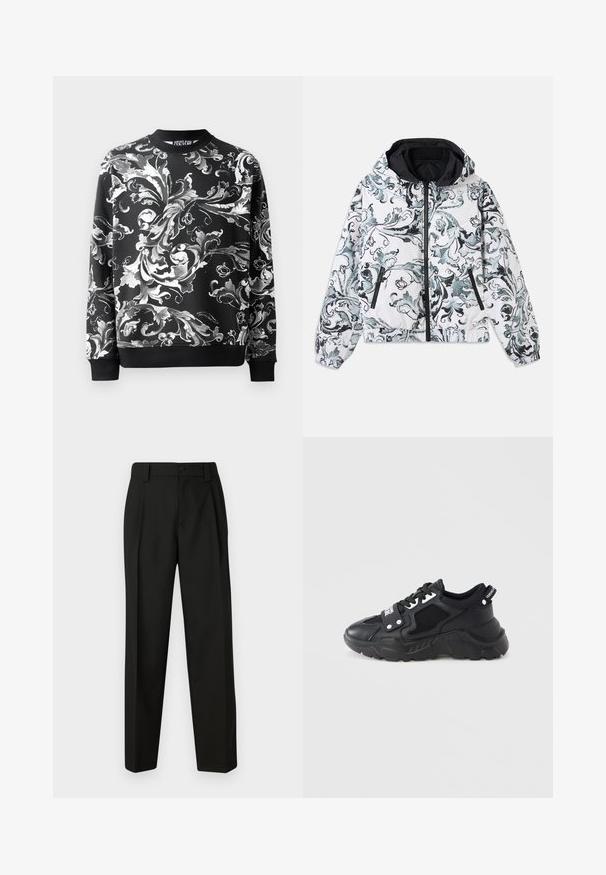 Chaqueta blanca con capucha y patrón floral barroco en negro y gris, con cremallera frontal, bolsillos laterales con cremallera, y puños y dobladillo elásticos.; Sudadera negra con intrincados patrones florales blancos, escote redondeado y puños acanalados. Tejido suave con un corte relajado.; Pantalones negros de corte entallado hechos de una tela suave. Con pierna recta, cierre de botón único y trabillas para el cinturón. Sin patrones o acentos visibles.; Zapatilla negra con suela gruesa, con paneles de malla y detalles de cuero. Incluye cordones blancos y marca en el lateral.