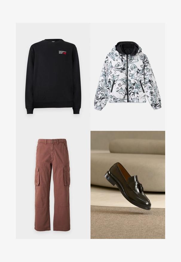 Witte hooded jas met zwart en grijs bloemen barokpatroon, ritssluiting aan de voorkant, ritssluitingen aan de zijkanten en elastische manchetten en zoom.; Zwarte sweatshirt van een katoenmix, met een ronde hals, geribbelde manchetten en een klein rood en wit "New Balance" logo op de borst.; Cargo broek in een roestkleur, gemaakt van duurzaam materiaal. Kenmerken zijn grote zijzakken, rechte pijpen en een knoopsluiting bij de tailleband.; Zwarte leren loafer met kwastje zwevend boven een beige tapijt met een beige bank op de achtergrond.
