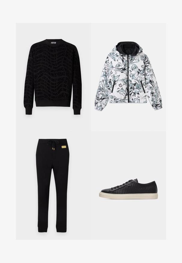 Hættejakke i hvid med sort og grå blomstret barok mønster, lynlås foran, lynlåslommer på siden og elastiske manchetter og kant.; Sort sweatshirt med et tekstureret mønster, der præsenterer gentagne branding. Lange ærmer, rund halsudskæring og ribbede manchetter og nederkant.; Sorte slim-fit joggerbukser med ribstrikkede manchetter, elastisk taljebånd med snøre og et lille gult Versace Jeans Couture-logo patch.; Sort lavsko i flettet læder med sorte snørebånd og hvid gummisål, vist fra højre side på en lysegrå baggrund.